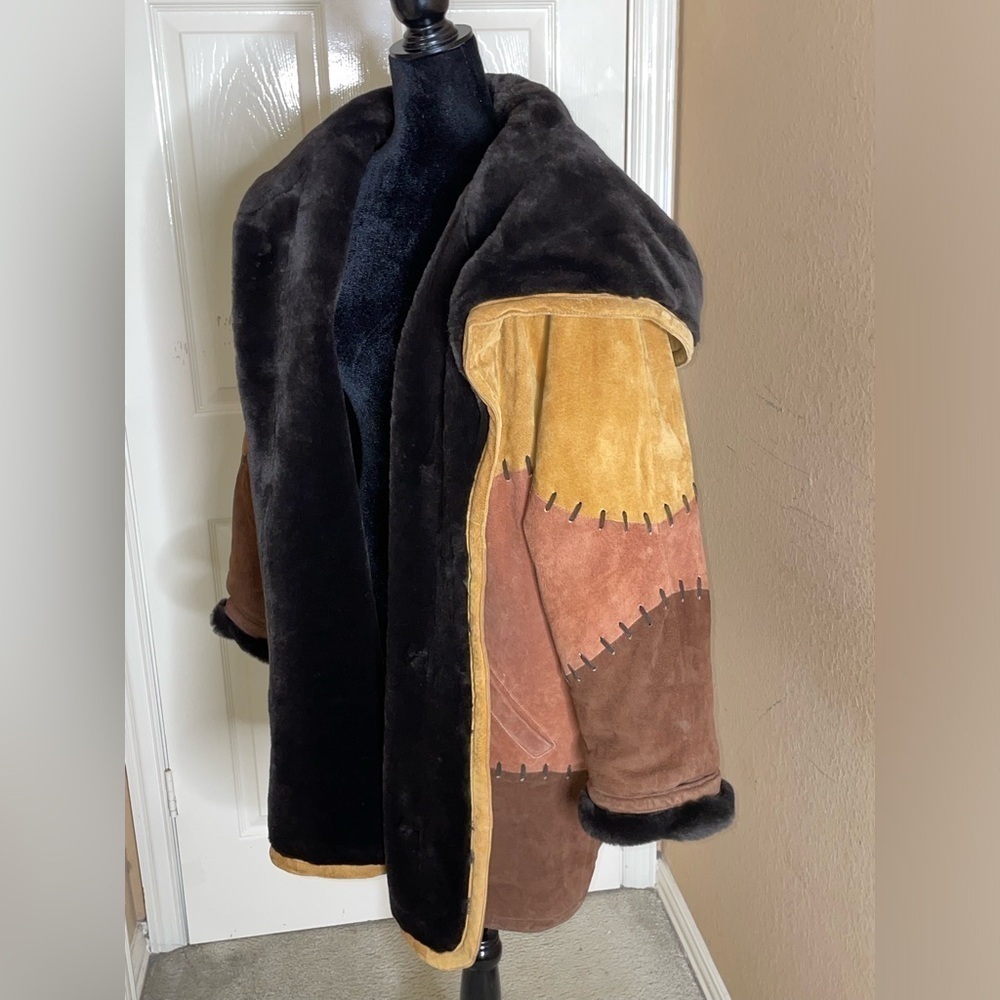 Women's Vintage Heavy G3 Suede Leather Coat with Black Faux Fur Collar Medium - Picture 12 of 13